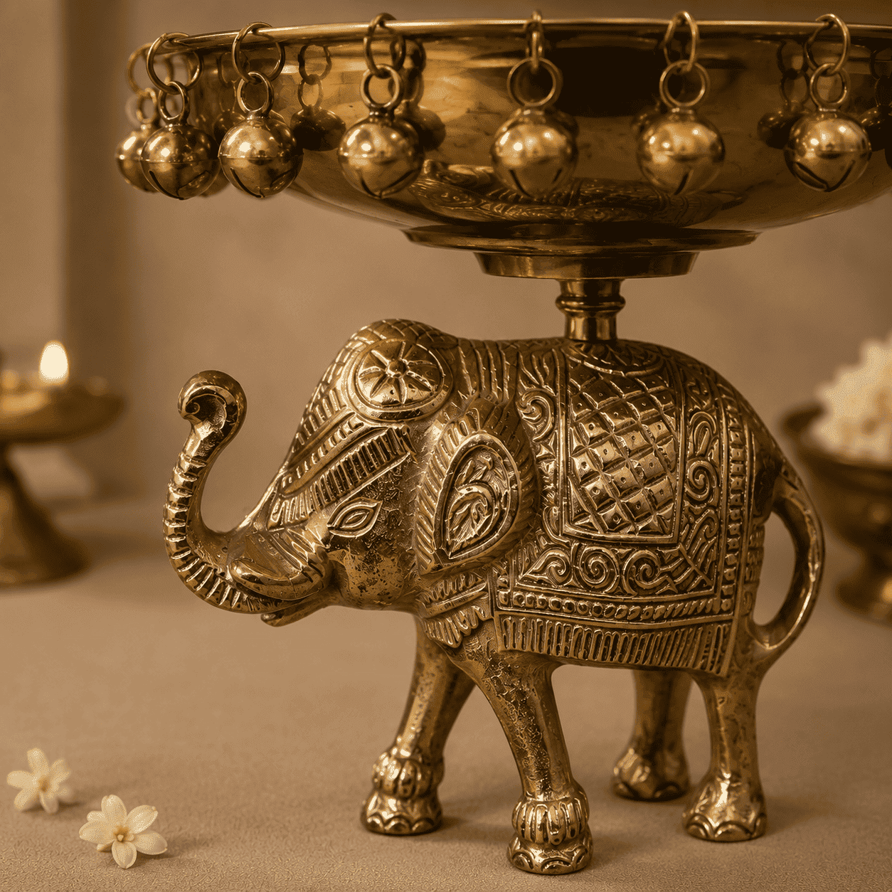 Heritage Elephant Urli with Hanging Bells