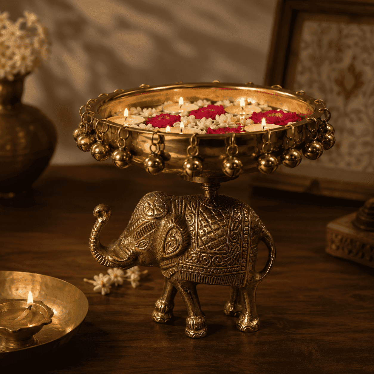 Heritage Elephant Urli with Hanging Bells