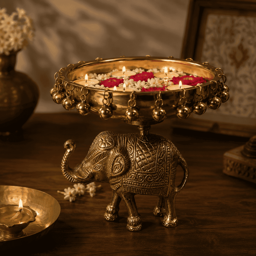 Heritage Elephant Urli with Hanging Bells