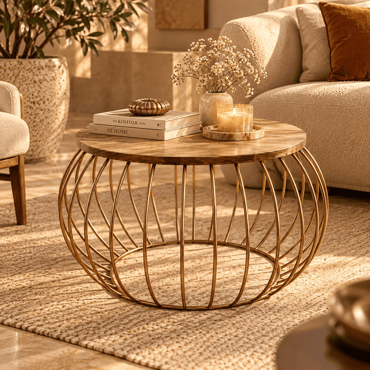 Round Coffee Table – Gold & Wood
