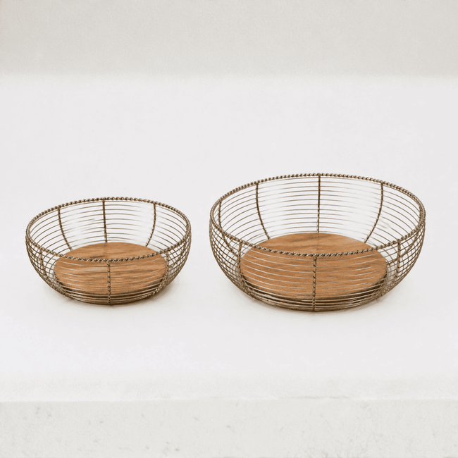 Wire Fruit Baskets with Wooden Base (Set of 2)