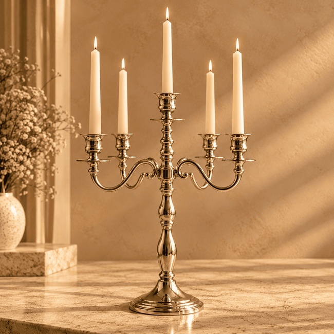 Tall Silver 5-Arm Candle Holder