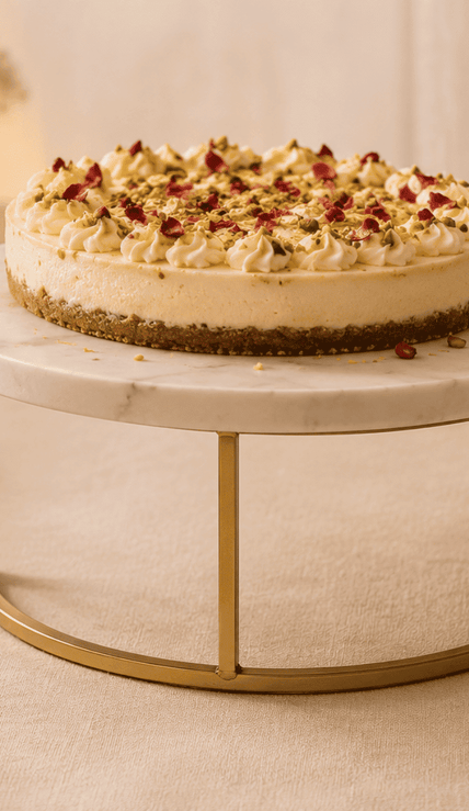 Cheesecake on a marble and gold stand with candles and plates in the background