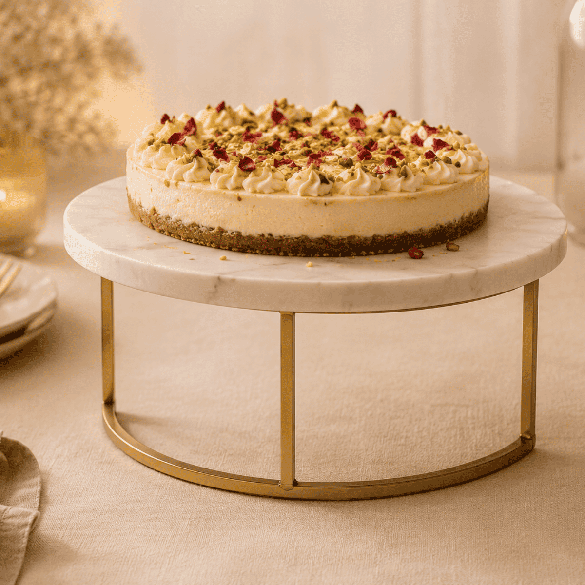Cheesecake on a marble and gold stand with candles and plates in the background