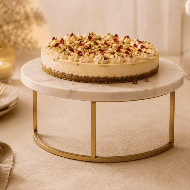 Cheesecake on a marble and gold stand with candles and plates in the background