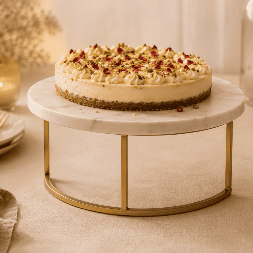 Cheesecake on a marble and gold stand with candles and plates in the background