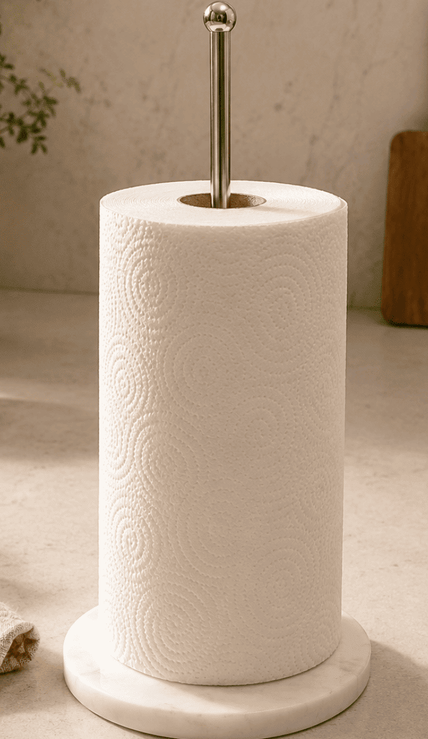 White paper towel holder with a roll of paper towels on a light wooden surface.