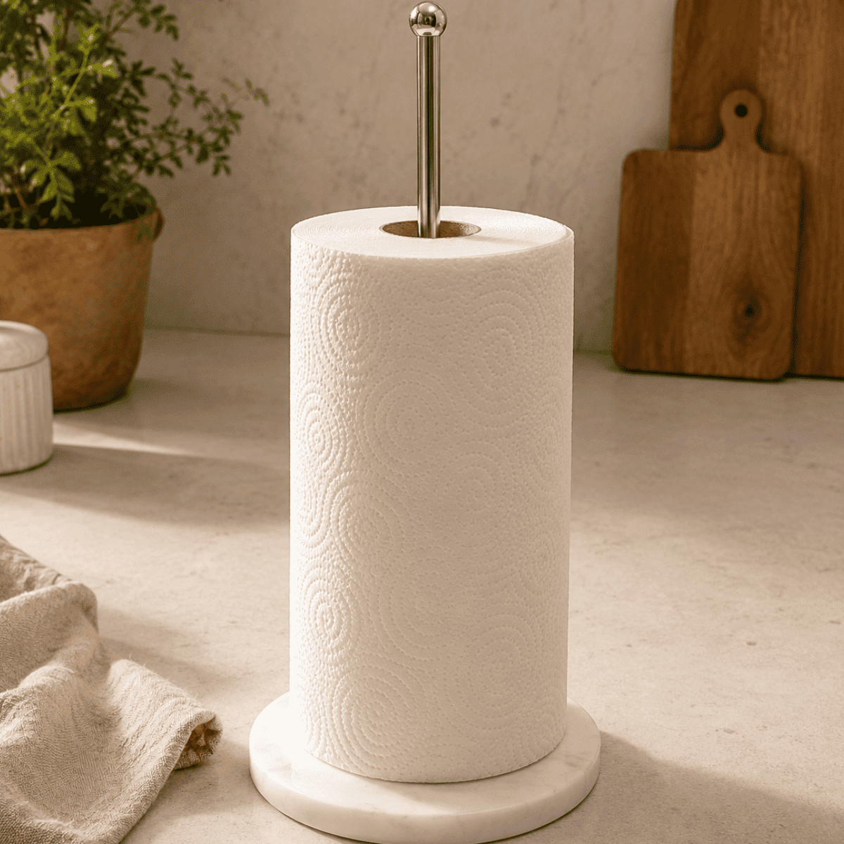 White paper towel holder with a roll of paper towels on a light wooden surface.