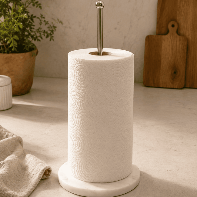 White paper towel holder with a roll of paper towels on a light wooden surface.