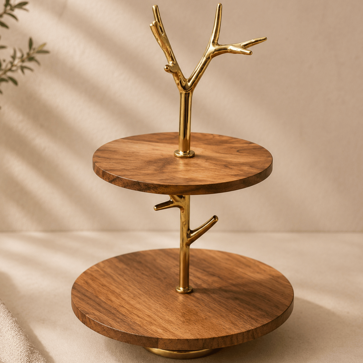Wooden tiered stand with gold accents on a neutral background