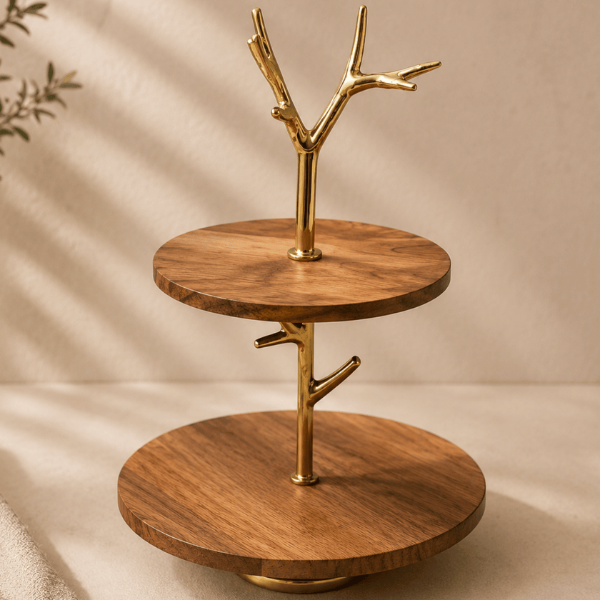 Wooden tiered stand with gold accents on a neutral background